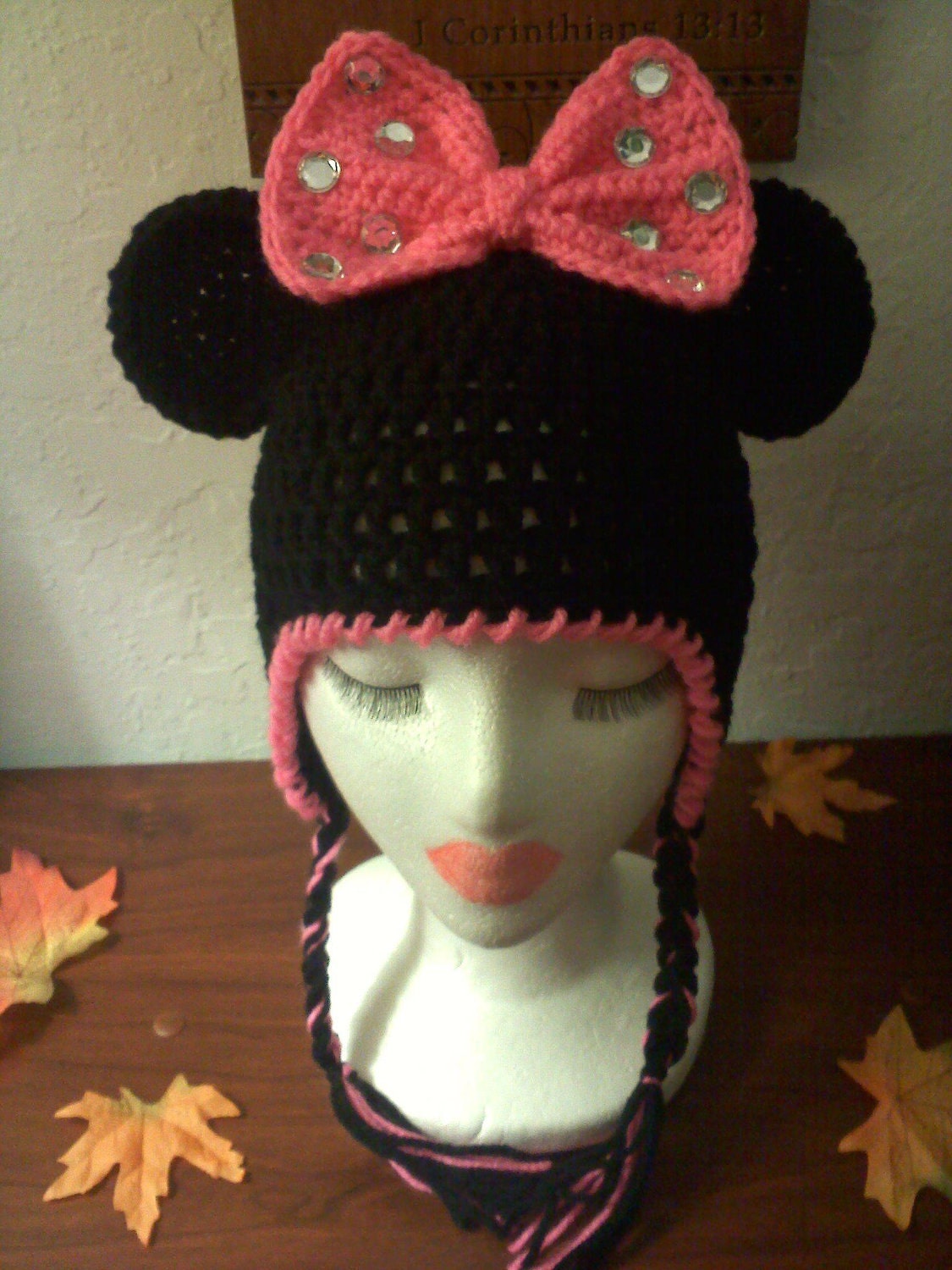 Custom Crocheted Minnie Mouse Styled Earflap Beanie Hat