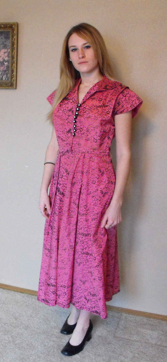 Vintage 50s Pink Dress Flocked Party S M