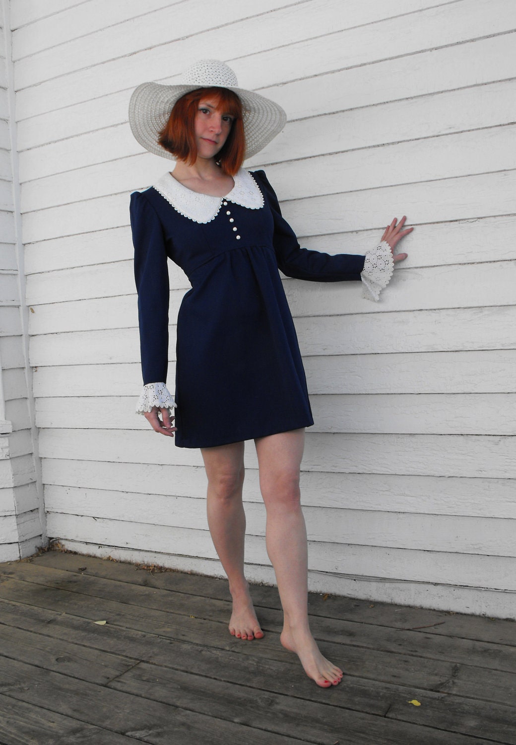 Vintage 70s Mini Dress Blue Eyelet Collar Cuffs Hippie Babydoll Empire XS