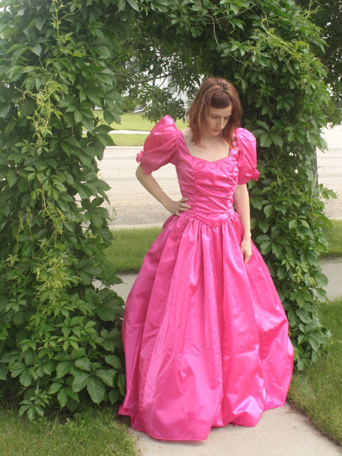 Vintage 80s Pink Gown Romantic Poof Dramatic Prom Dress Fuschia XS