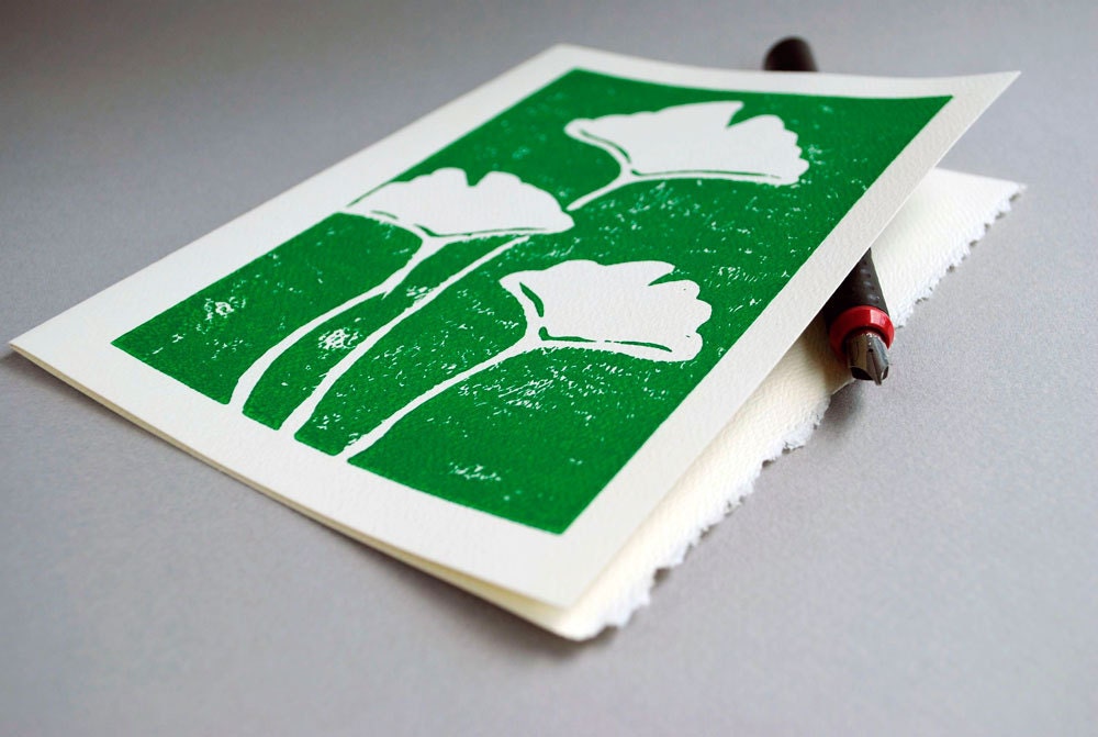 Green Ginkgo Notecard - Ginkgo Leaves Blank Card