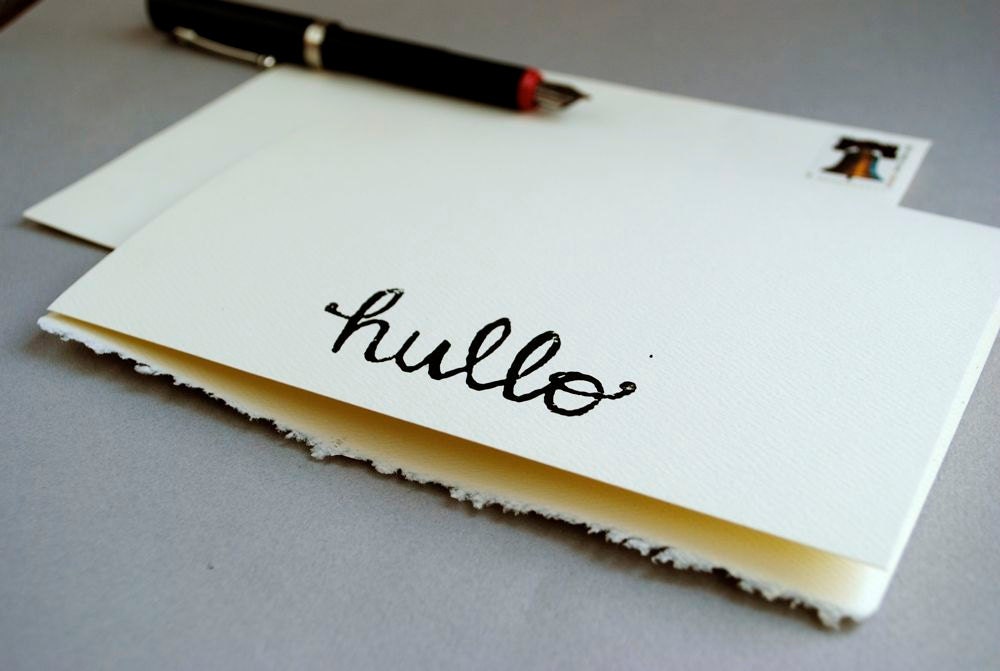 Cursive Hullo Blank Notecard, Black Typography Print Greeting Card