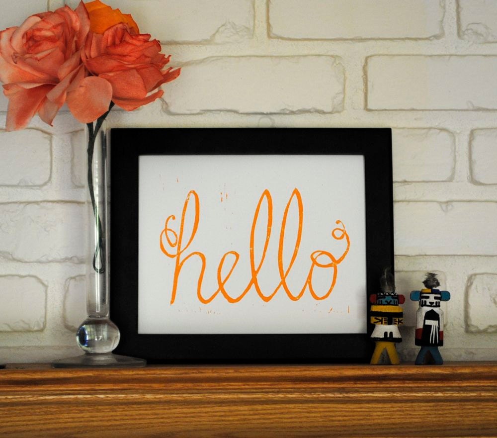 Yellow Hello Block Print, Typography Print of Cursive Hello
