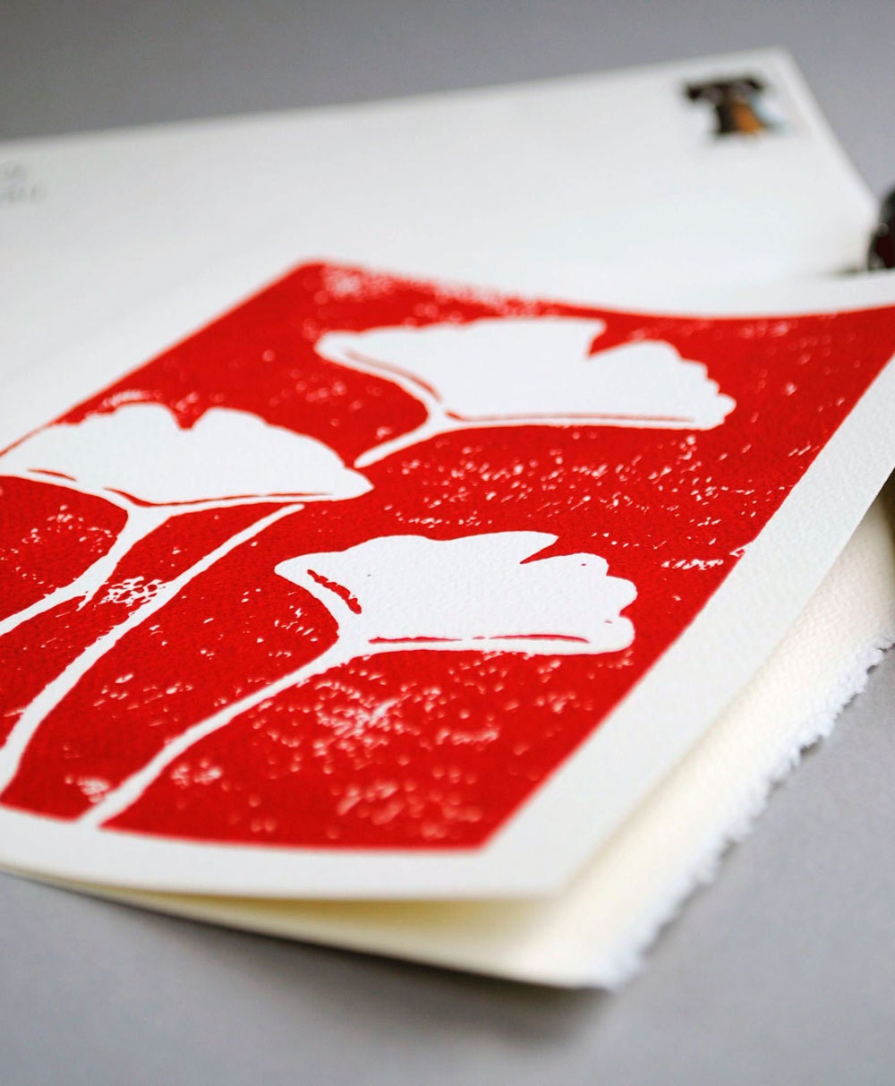 Red Ginkgo Leaf Notecard, Botanical Greeting Card