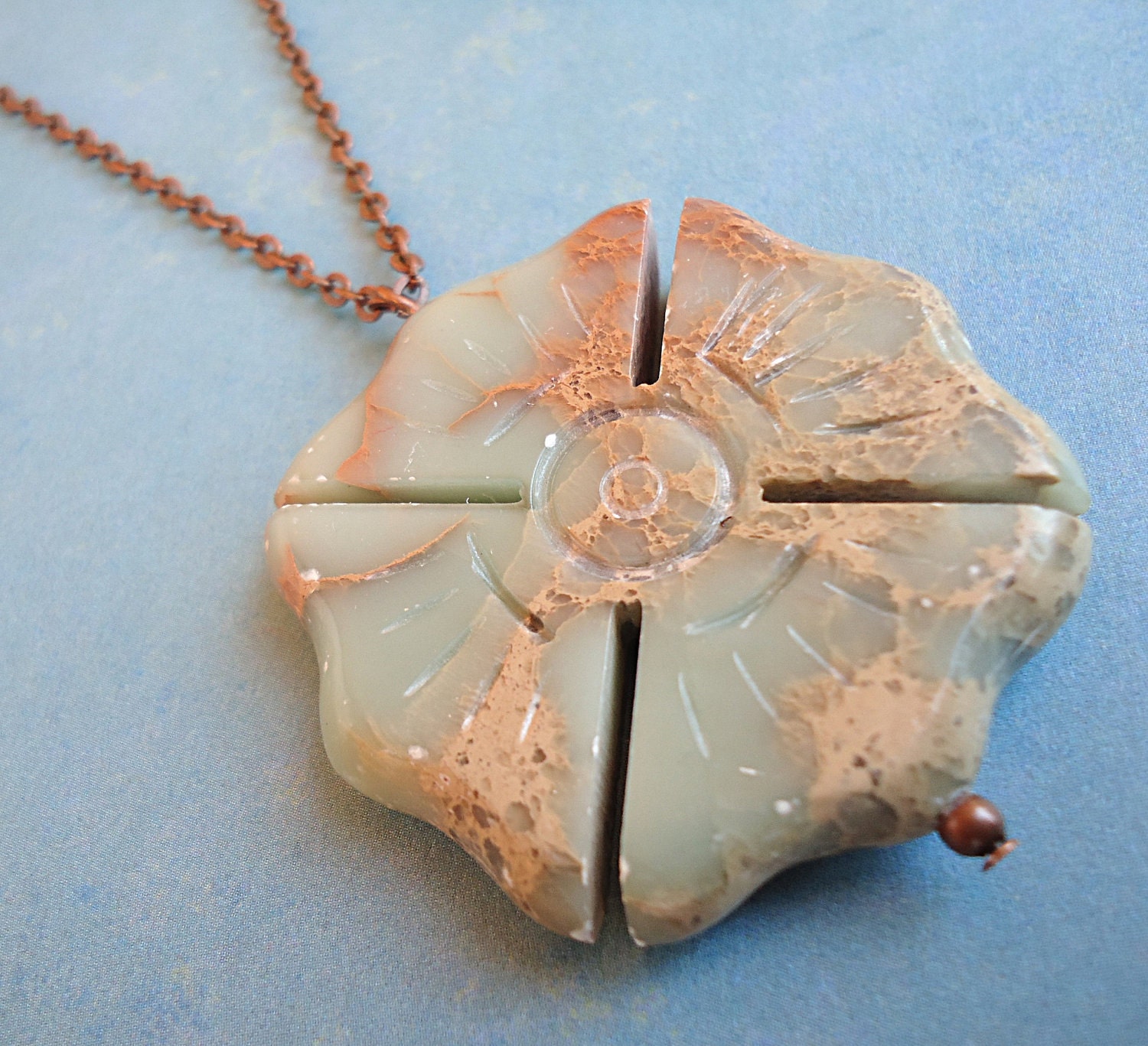 Summer Sea & Sand- Aqua Terra Jasper Carved Pendant and Copper Chain Necklace - arlenemarie91