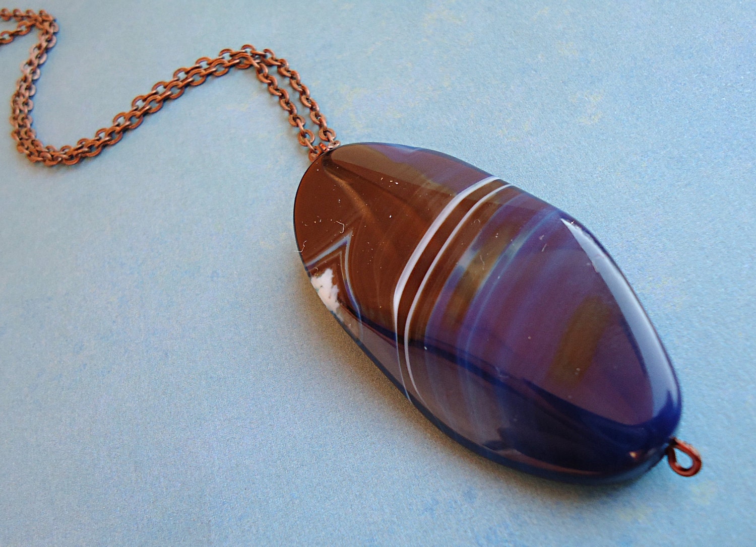 Striped Blue Agate Oval Pendant and Copper Chain Necklace