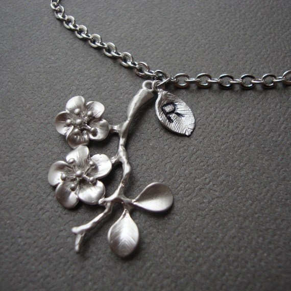 Sweet Cherry Branch Personalized Necklace, Monogram, Stamped Initial,bridal, bridesmaids gifts, ultra feminine, stamped leaf