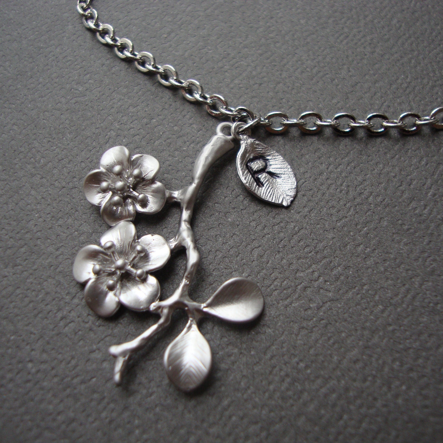 Sweet Cherry Branch Personalized Necklace, Monogram, Stamped Initial,bridal, bridesmaids gifts, ultra feminine, stamped leaf