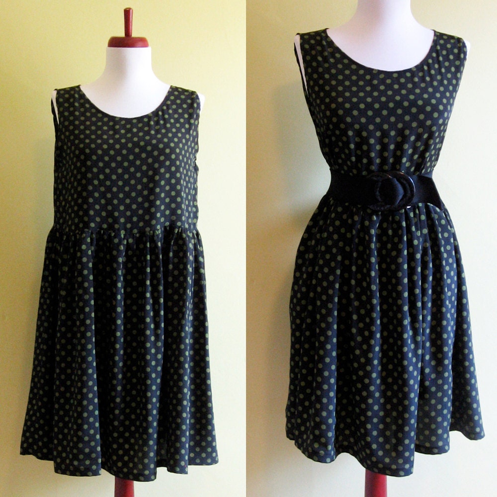 SALE// Vintage 90s Dress Green & Black Polka Dot SLOUCHY BABYDOLL Tank Dress Small Medium