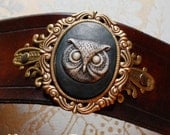 Leather Cuff - Owl cameo on brass filigree