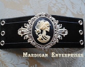 Leather Cuff - Black and Ivory Skull Cameo on Black leather
