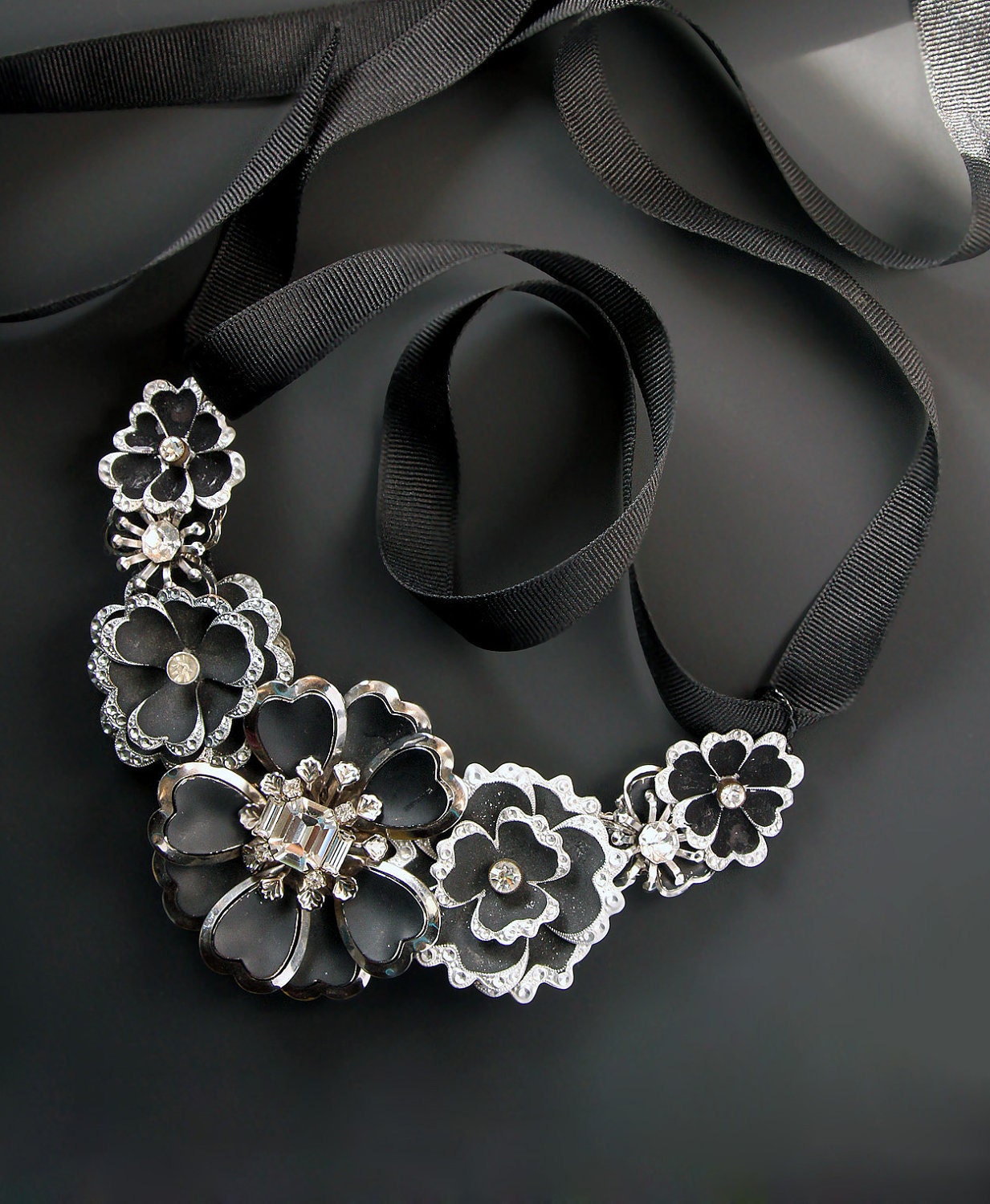 Night Flowers Statement Necklace. Repurposed Vintage Rhinestone Jewelry.