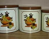 SALE 15 Percent Off ... set of 3 Golden HARVEST CANISTER Set ...  Vintage household kitsch