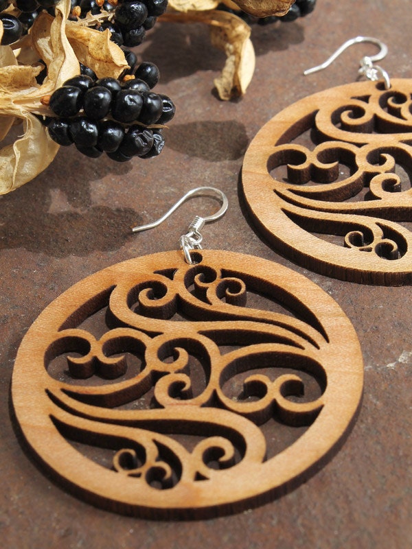 Filigree Earrings Laser Cut Wooden Hoops By Timbergreenwoods