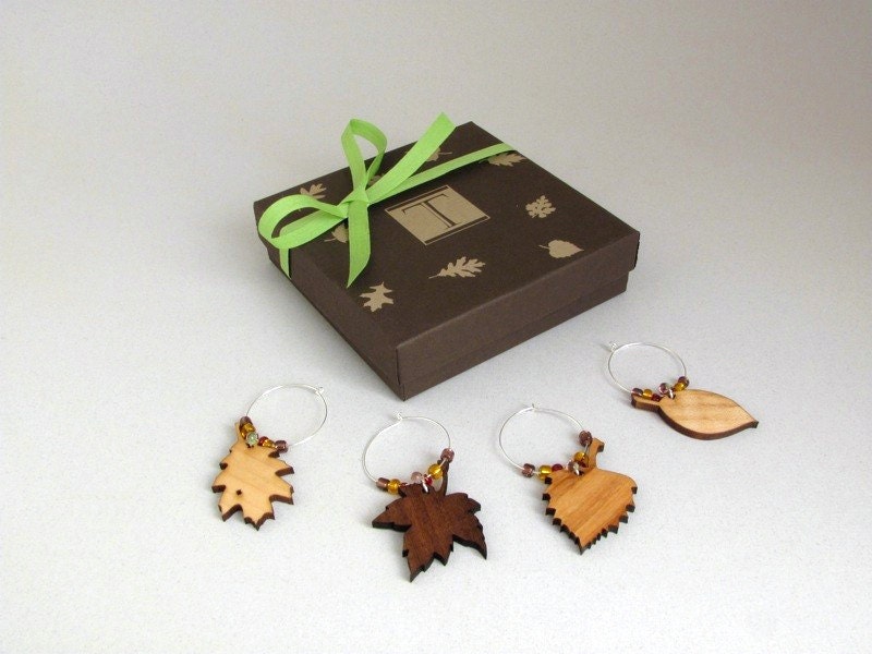 Leaf Wine Charm Gift Box Set - Laser Cut Wood Leaf Charms made from Sustainable Wisconsin Woods . Timber Green Woods
