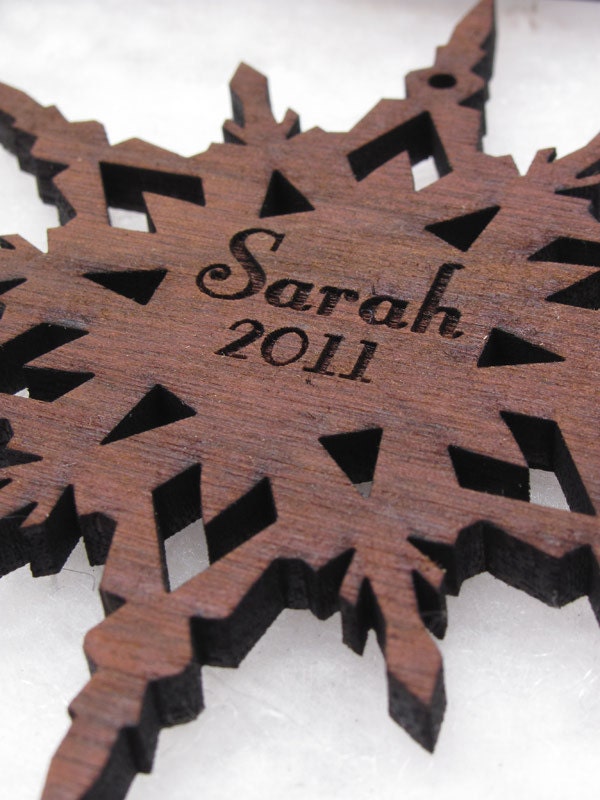 Name Flake - Custom Wood Snowflake Ornament - Personalized Laser Engraved Ornament Set in a Monogram Gift Box