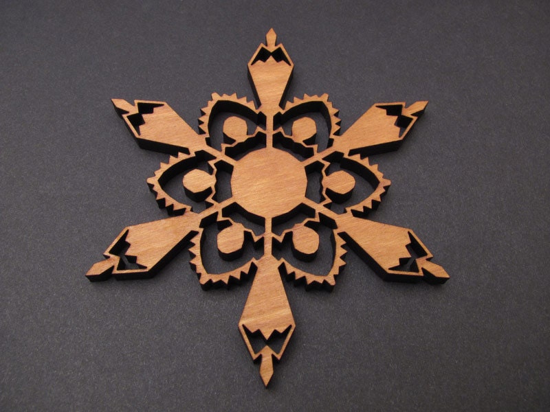 Wood Christmas Tree Ornament - Detailed Laser Cut Black Cherry Snowflake Ornament 3 1/2" - Designer Gift Box . Timber Green Woods
