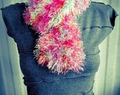 Rainbow Fun Fur Hand Knit Neck Ruffle, fuzzy, cowl, soft - Made by Memere