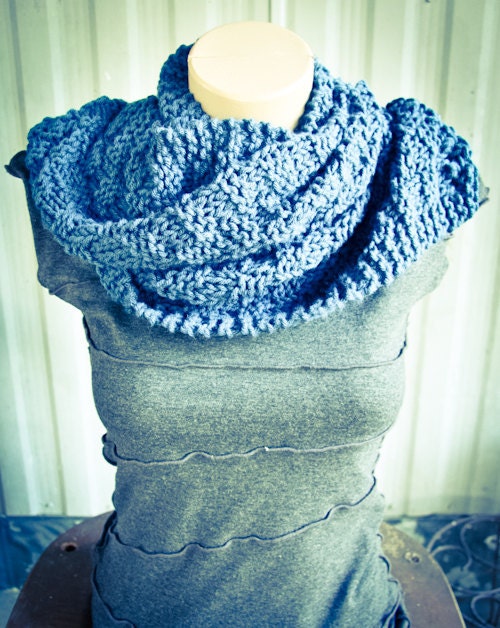Navy Blue Hand Knit Scarf, winter, warm, neck cowl - Made by Memere