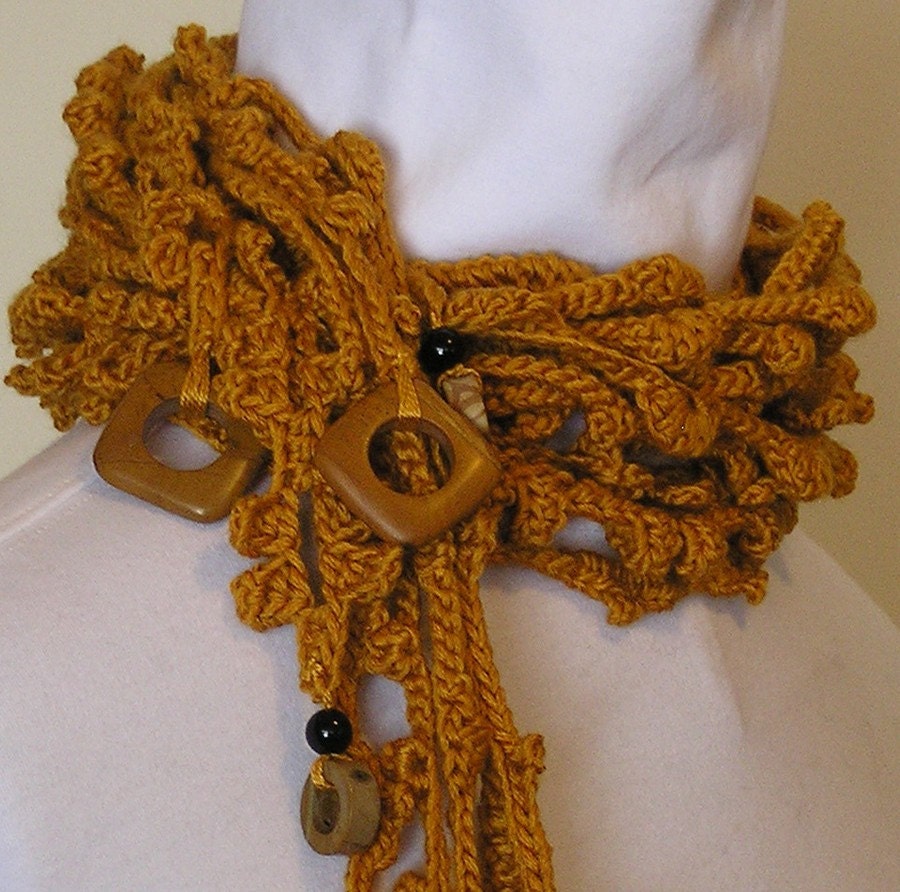 Saffron Goldenrod Deconstructed Wool Lariat Scarf with Stone Beads - honeybeebungalow