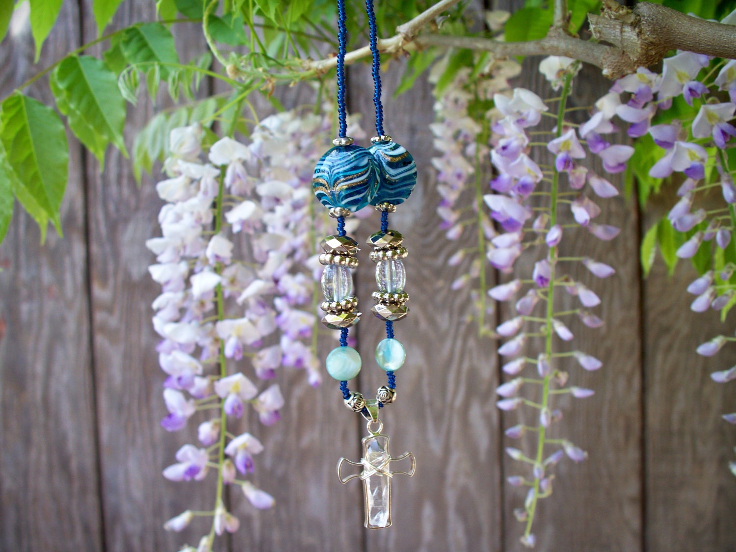 Natural Crystal Surrounded By Silver Wire Cross Pendent on Hand Stung Beaded Chain