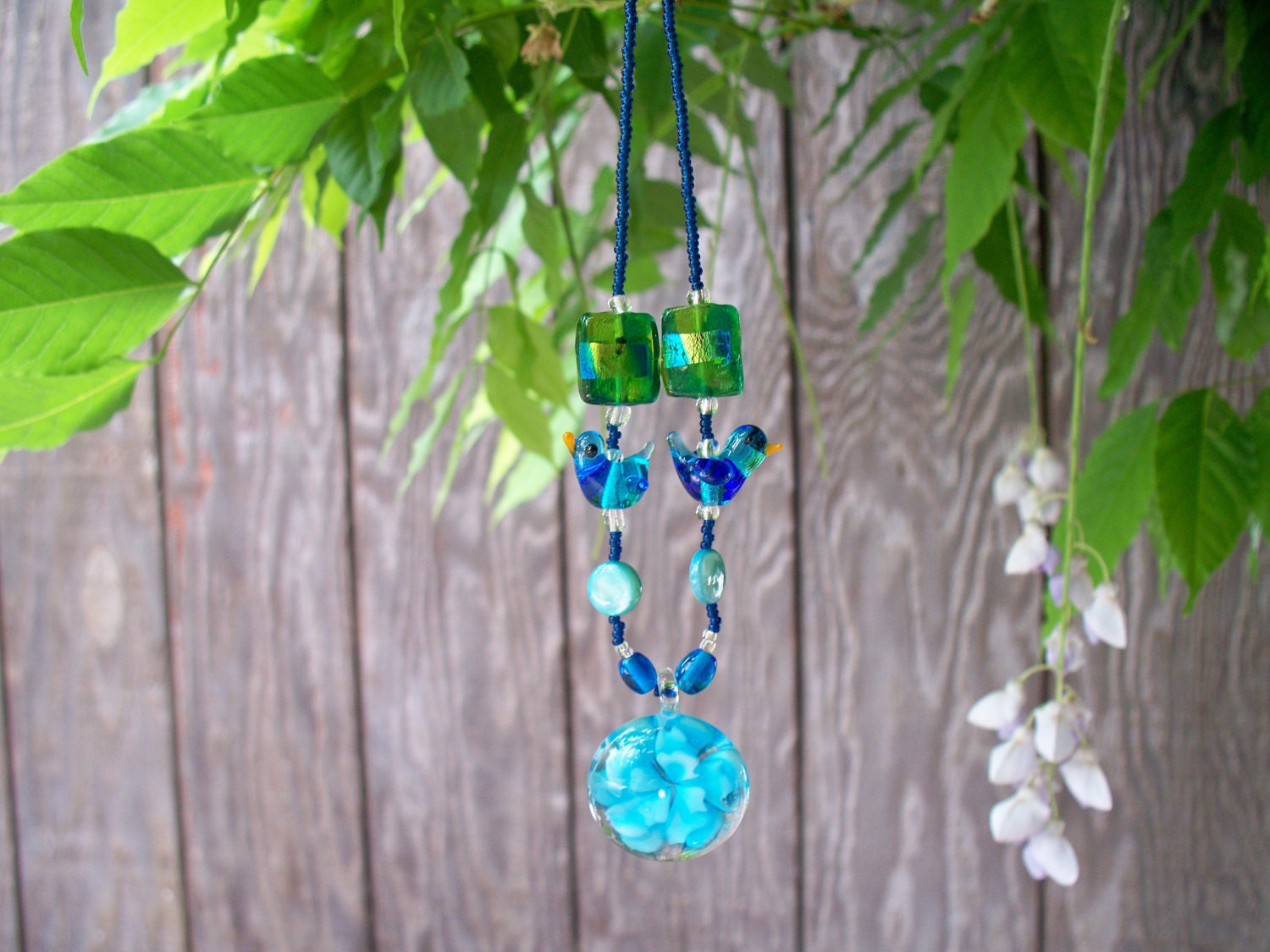 Beautiful Blue Flower in Glass Pendent, Hand Strung on Lovely Beaded Chain