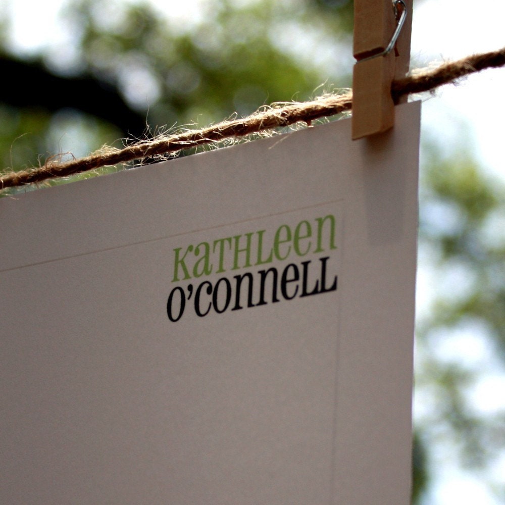 Personalized stationery in lime and chocolate brown - Set of 10 flat paneled cards