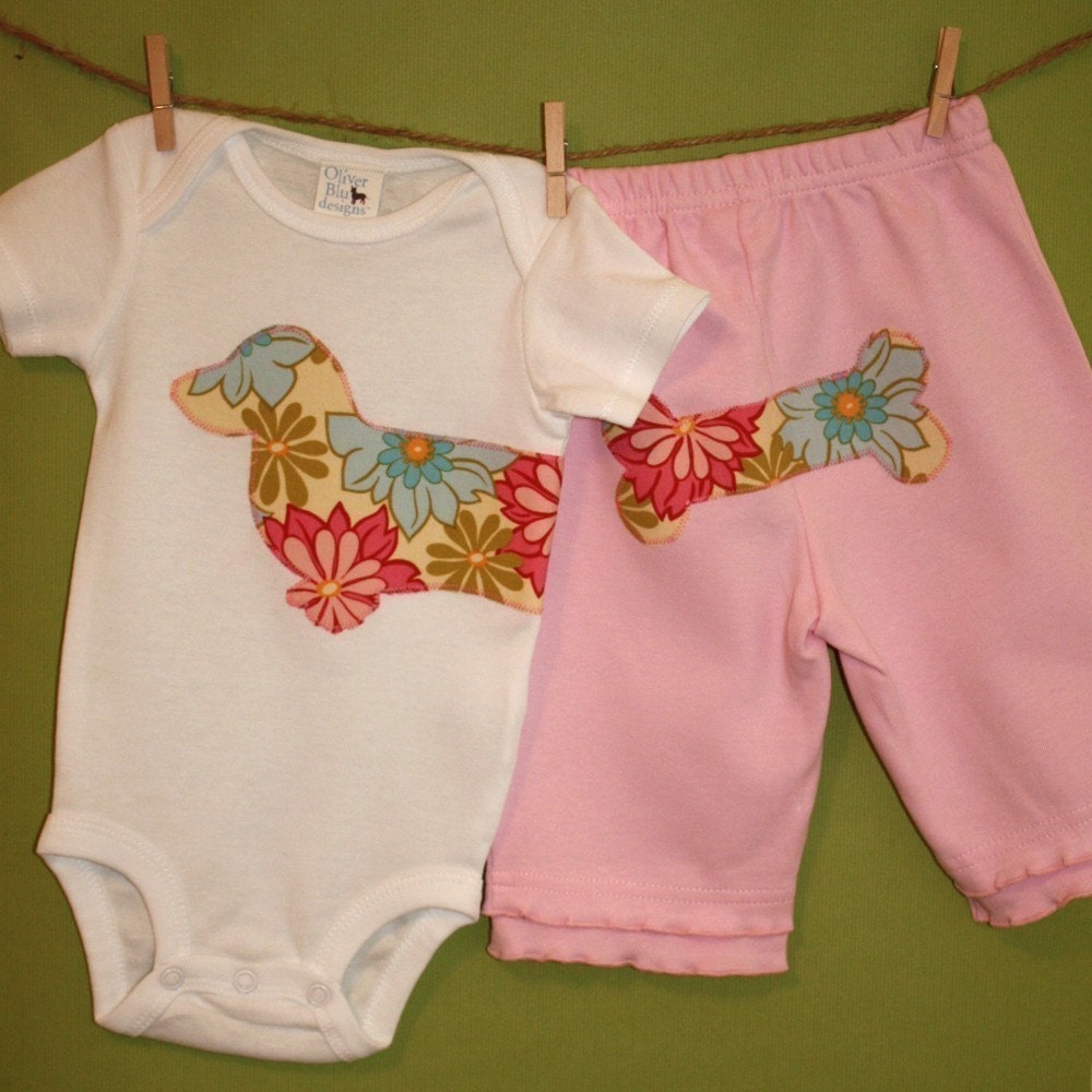 Wiener dog baby one-piece and pant set in pink breeze lei floral print