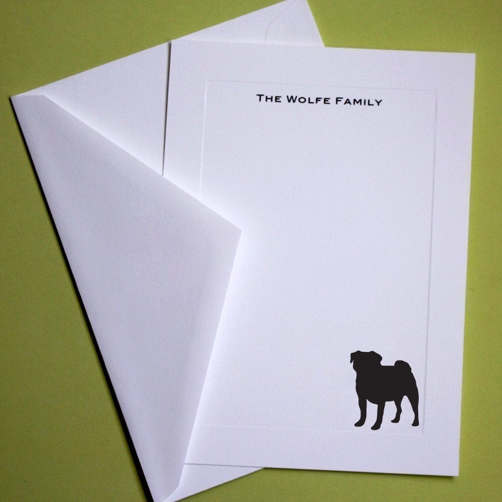 Pug Personalized Stationery - Set of 10 flat paneled cards