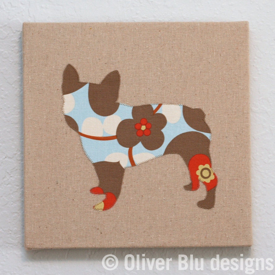 French Bulldog appliqued wall panel - 10 x 10 inches in red, blue and linen floral print on natural linen background