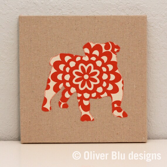 English Bulldog appliqued wall panel - 10 x 10 inches in red and cream wallflower print on natural linen background
