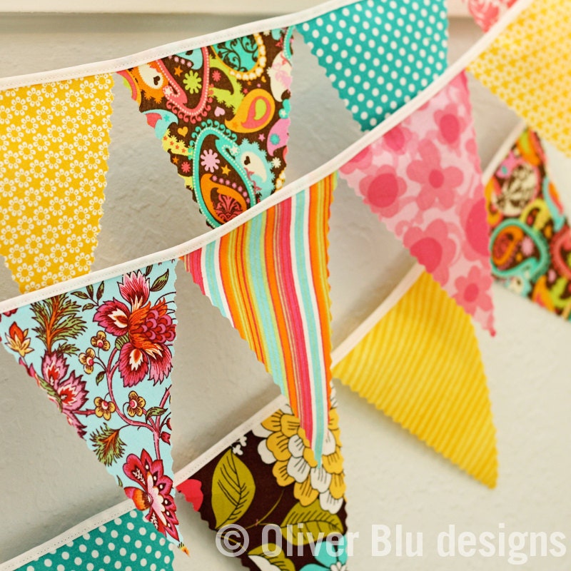 Mini pennant fabric banner - bunting in pink, turquoise, and yellow - LAST TWO AVAILABLE