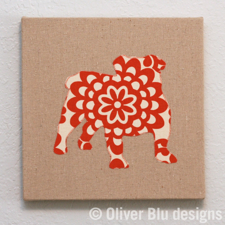 English Bulldog appliqued wall panel - 10 x 10 inches in red and cream wallflower print on natural linen background