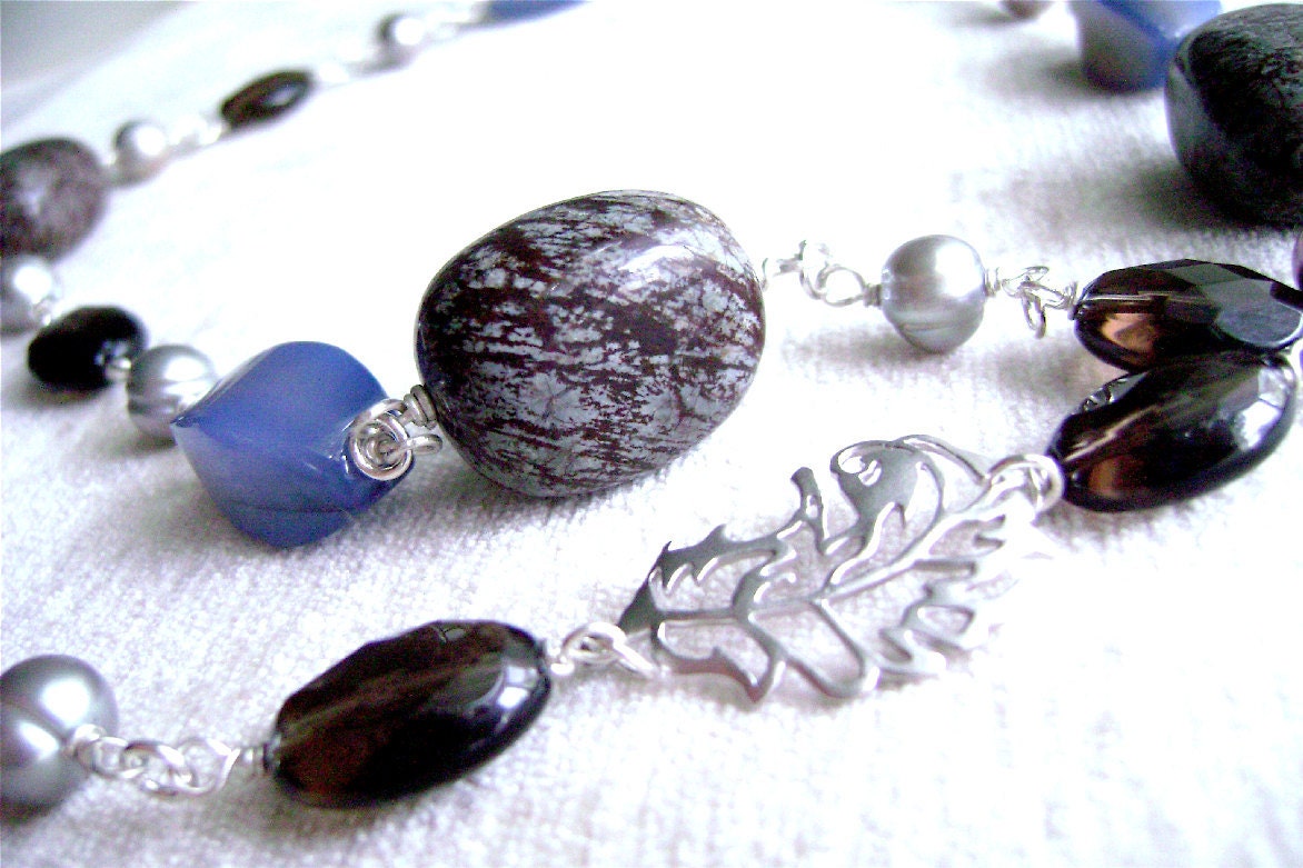 CLEARANCE Agate Necklace, Smoky Quartz, Sterling Silver, Gemstone Jewelry, Brown Snowflake Jasper, Cultured Pearl, Blue, 160