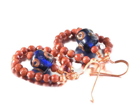 Blue and Brown Beaded Dangle Earrings Long Loop Sparkly Jewelry