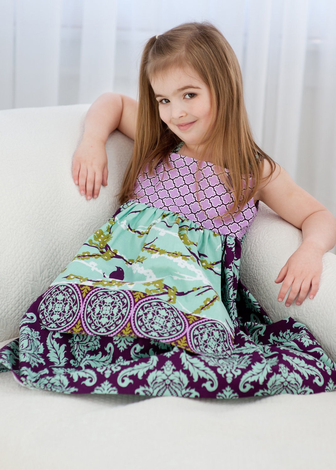 Plum Bird Apron Dress, Size 5, Ready to Ship by The Cottage Mama