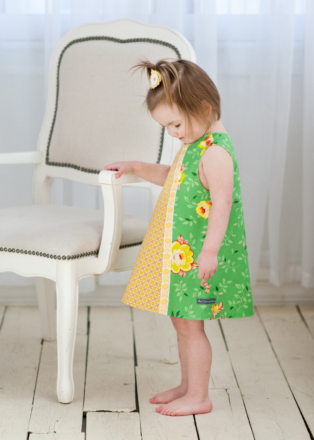 Girls Green Floral Retro Mod Shift Dress, Size 3T In Stock and Ready to Ship by The Cottage Mama