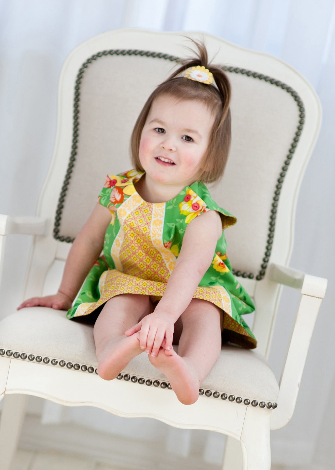 Girls Green Floral Retro Mod Shift Dress, Size 3T In Stock and Ready to Ship by The Cottage Mama