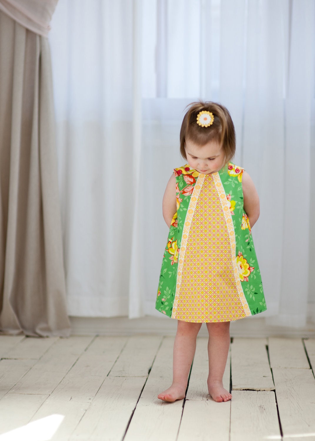 Girls Green Floral Retro Mod Shift Dress, Size 3T In Stock and Ready to Ship by The Cottage Mama
