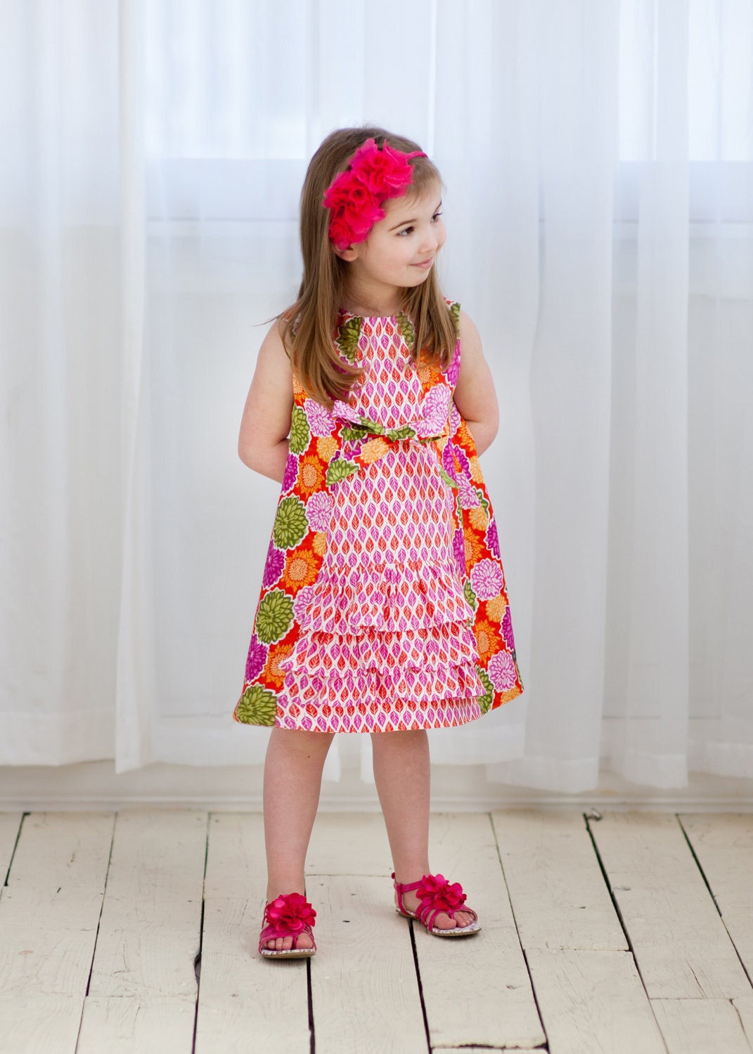 Girls Pink and Orange Ruffle Dress, Size 5, by The Cottage Mama