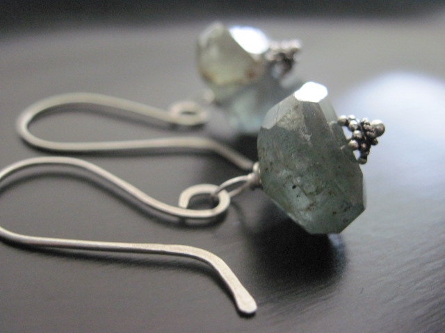 Moss Aquamarine Earrings, Sterling Silver Artisan Earwires, Wire Wrapped