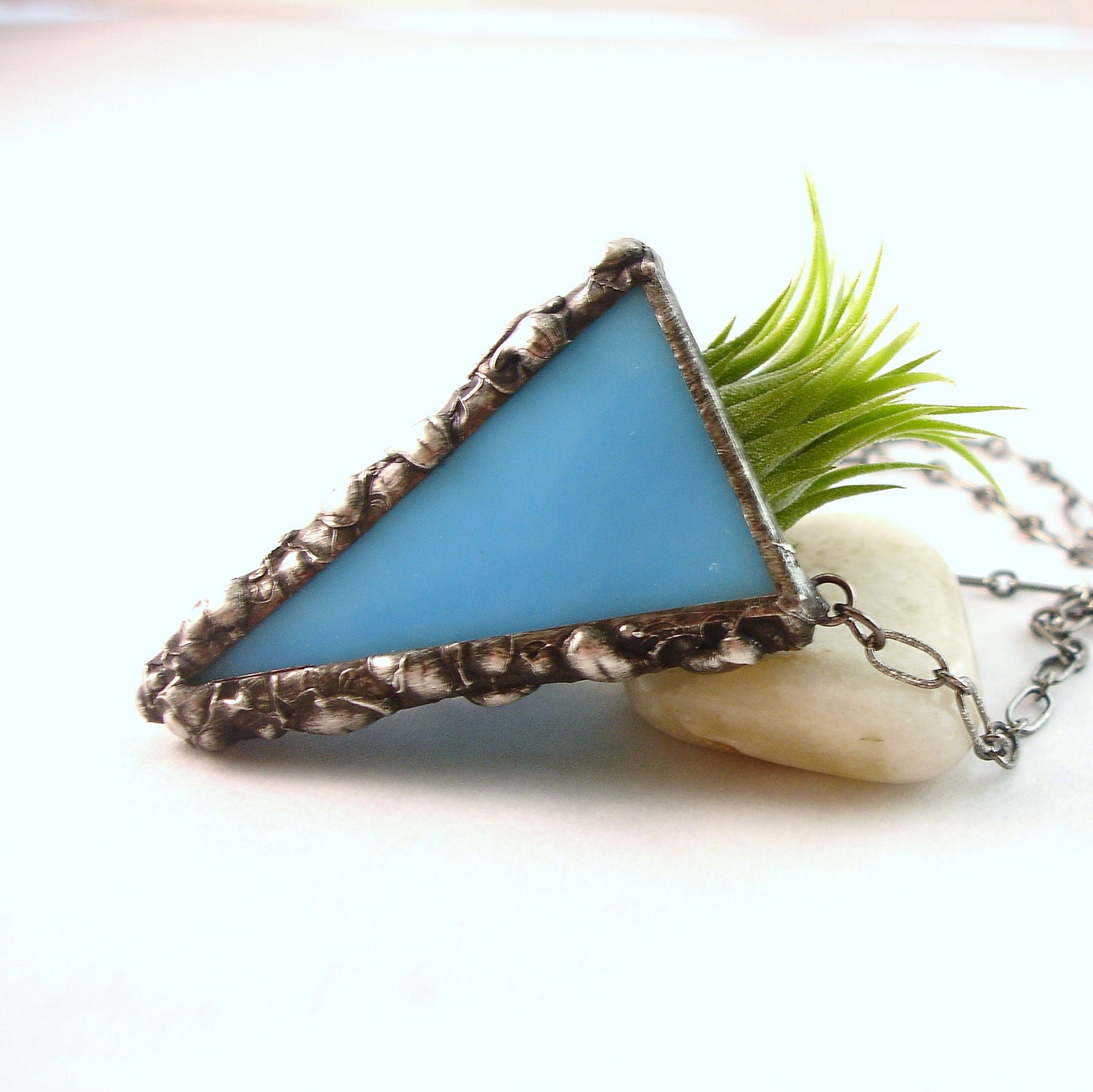 Plant Pendant, Aqua Blue Stained Glass Live Plant Necklace