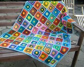 granny square afghan blanket, warm wrap, colorful, handmade, crochet, patchwork, bed cover, blue and purple, cozy