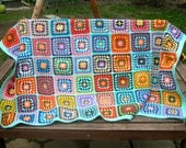 Granny square afghan blanket, warm wrap, colorful, handmade, crochet, patchwork, bed cover, blue, cozy