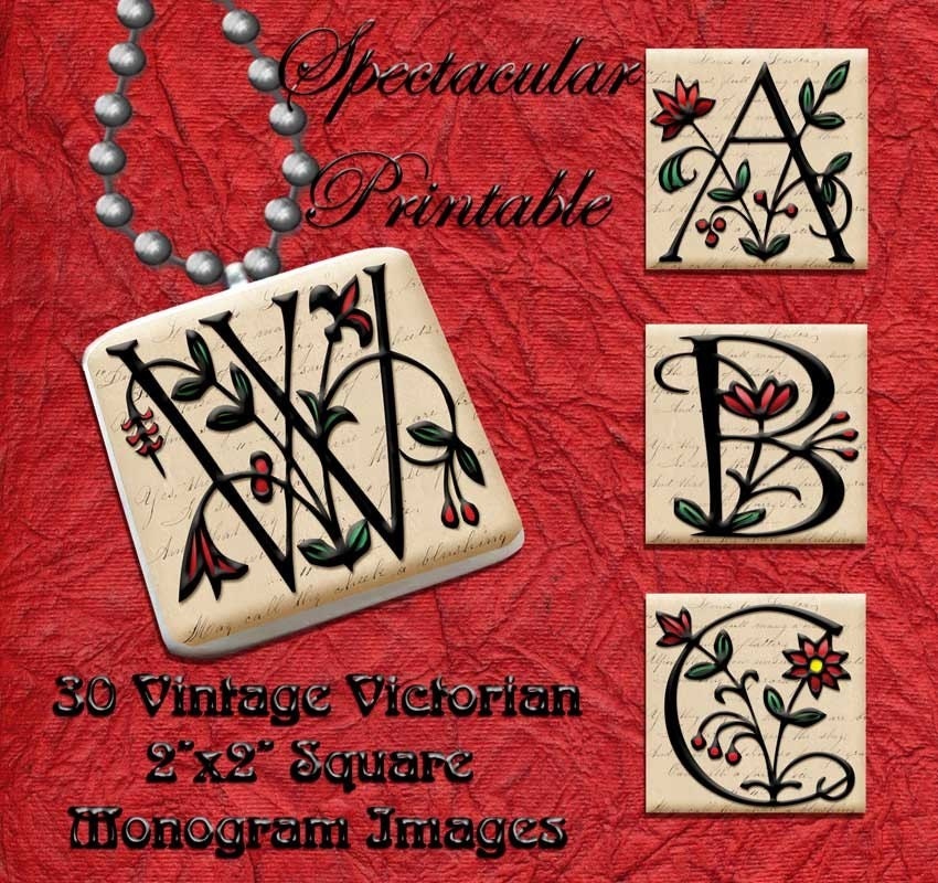 Black and Red Vintage Styled Floral Monogram 2x2 Inch Square Digital Collage Sheets Pendant Images - Instant Download - SQ2-3001
