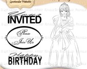 Princess Birthday Digital Stamp for Printable Invitations Princess clipart Coloring page Hand drawn lineart - Instant Download - DS9017