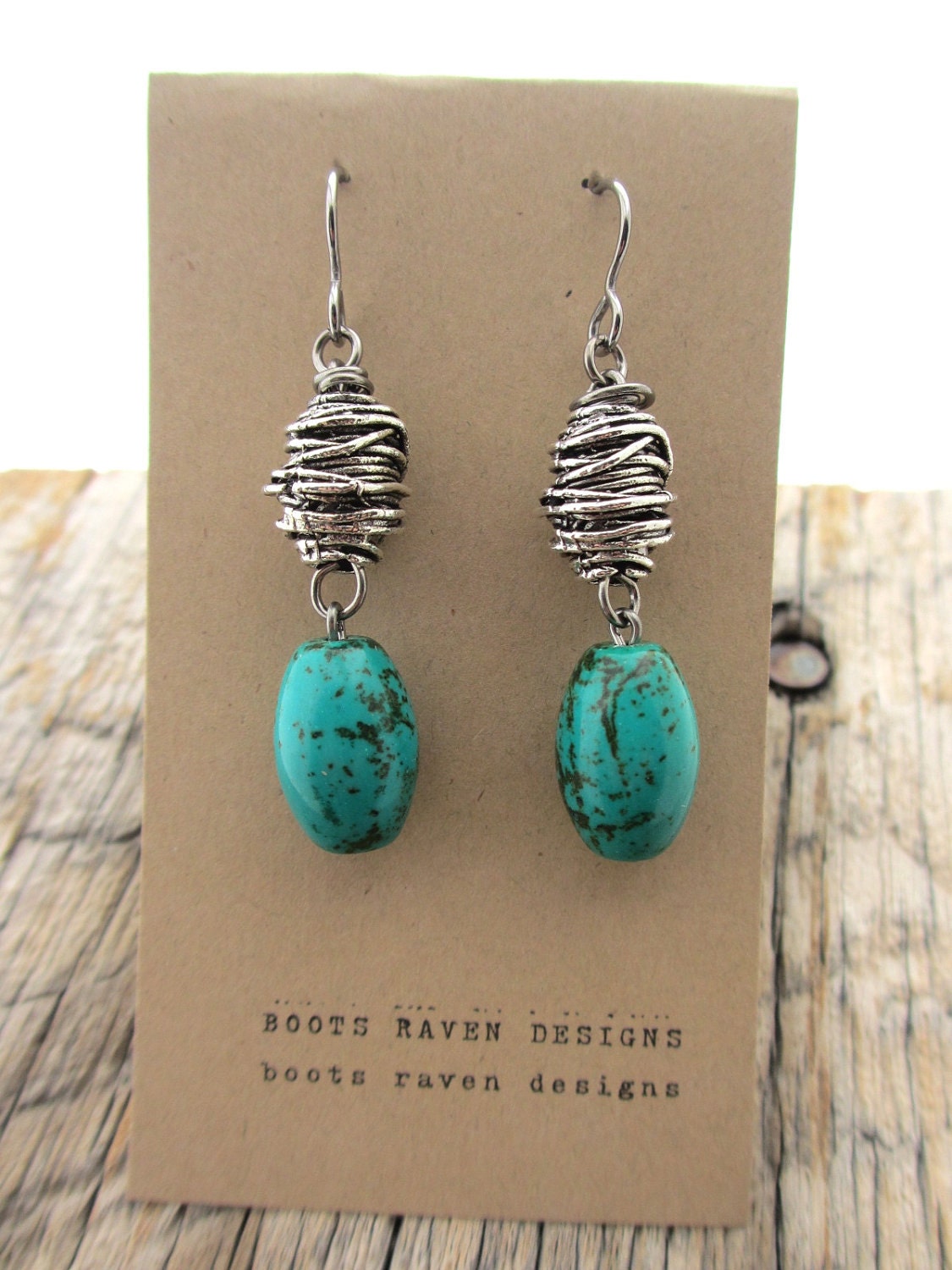 swirled silver bird's nest and turquoise earrings 227