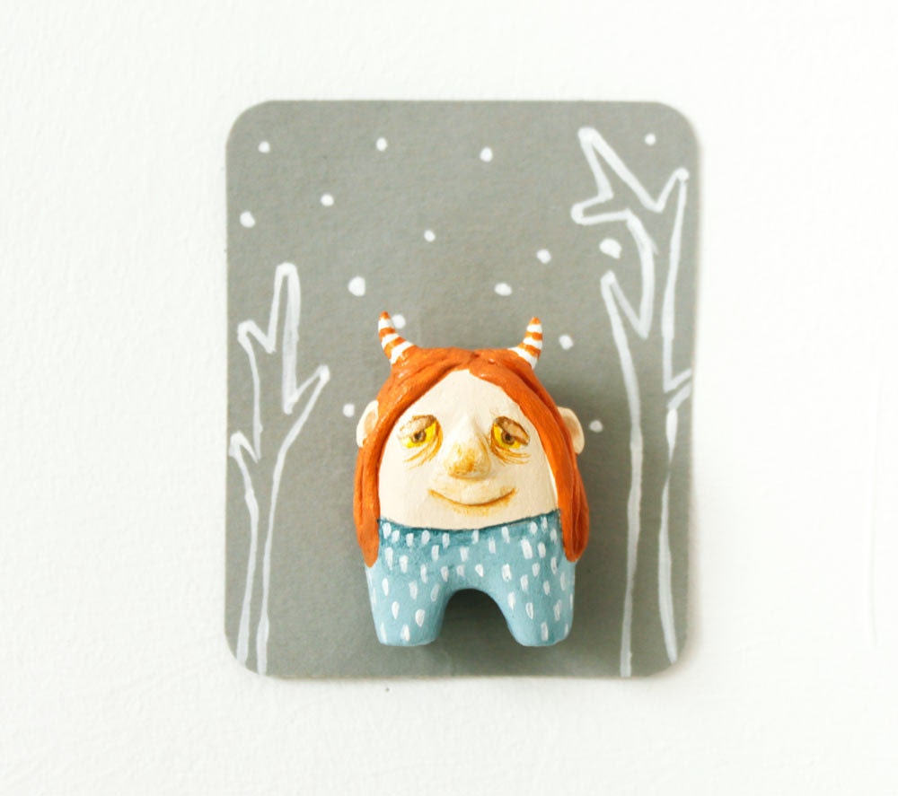 Art toy brooch - wearable art -  handsculpted Sendak inspired miniature monster accesory