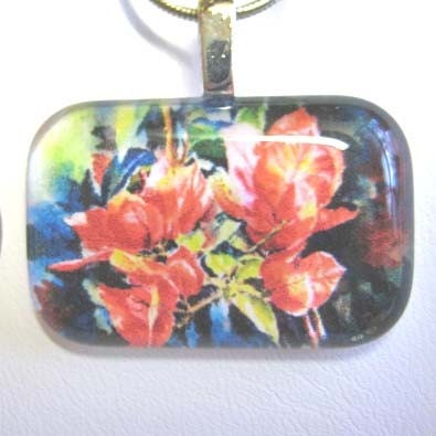 SALE, Bougainvilleas glass tile Pendant necklace, watercolor print Art  unique gift red flower Handmade