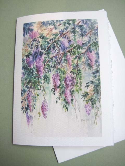 Wisteria watercolor 5 x 7  Note Card Trailing Vines  Flower Spring Vines purple lavender